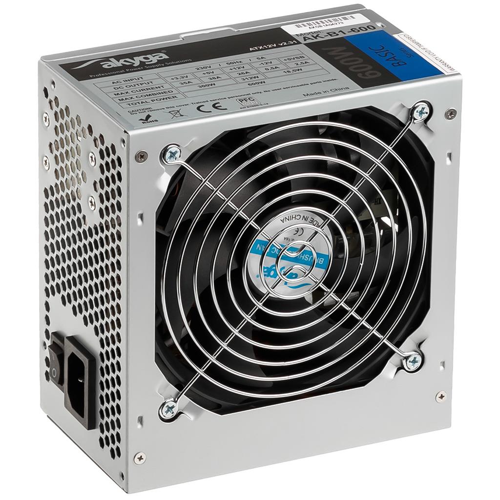 TICHÝ A ÚČINNÝ ATX NAPÁJACÍ ZDROJ 600W AKYGA 4XSATA 2XMOLEX 12CM VENTILÁTOR